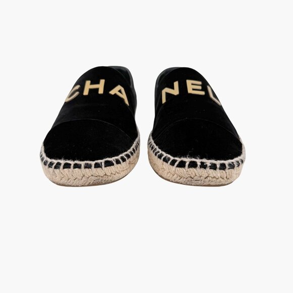 Chanel Logo Espadrilles EU 37 US 6-6.5 Black Velvet Rope Sole Slip On Flat Shoe - Picture 6 of 14